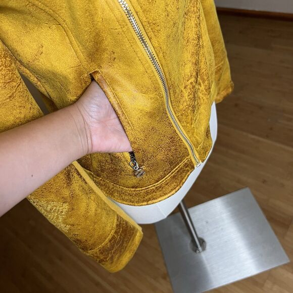 Desigual Moto Jacket Womens 38 M Mustard Yellow Faux Suede Embroidered Mandala - Picture 9 of 13